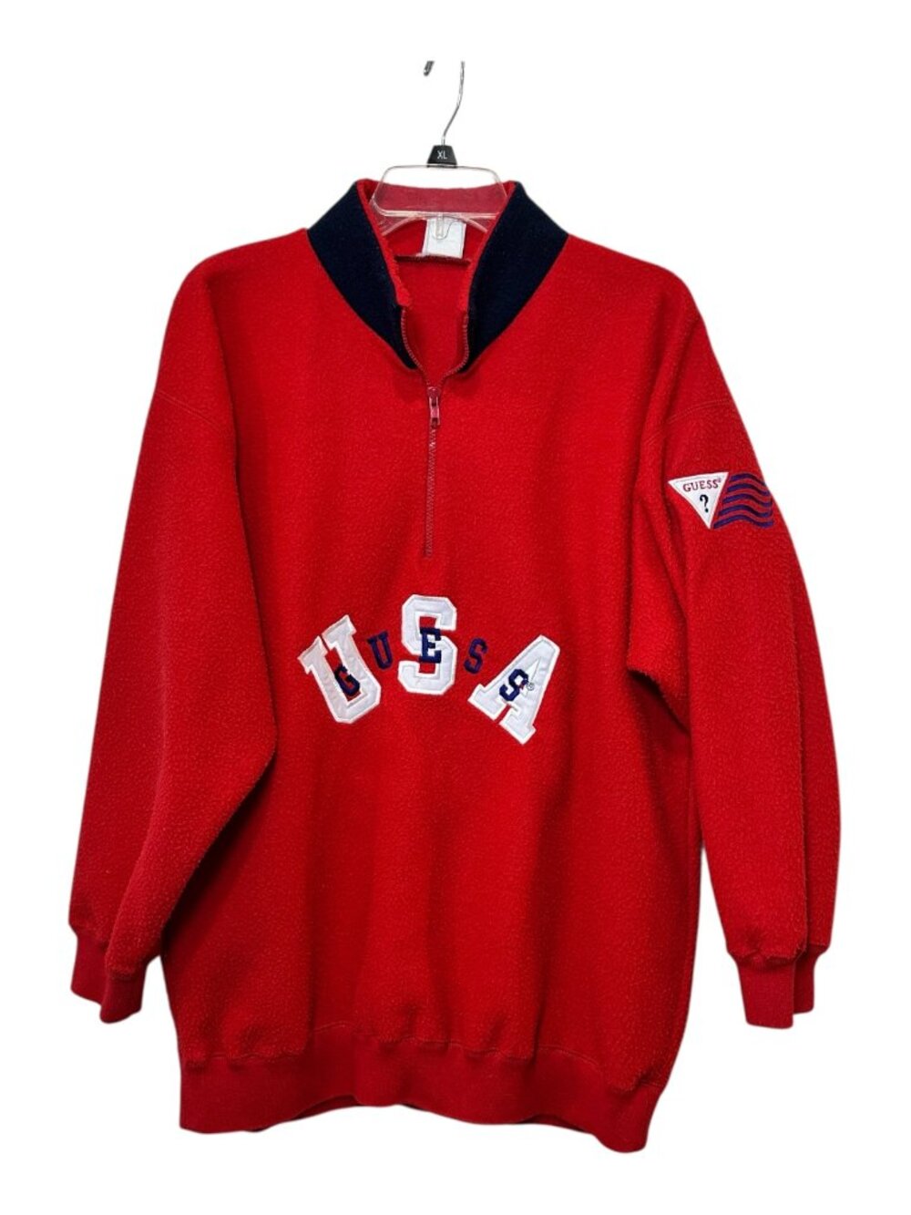 Vintage 80s / 90s Guess Fleece Pullover 1/4 Zip USA Patriotic Red Sweatshirt L